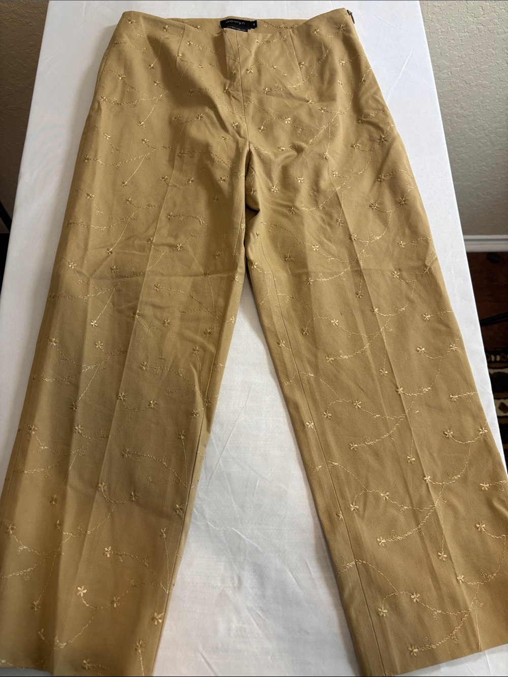 Womyn Khaki Gold Embroidered Trousers Size 8
